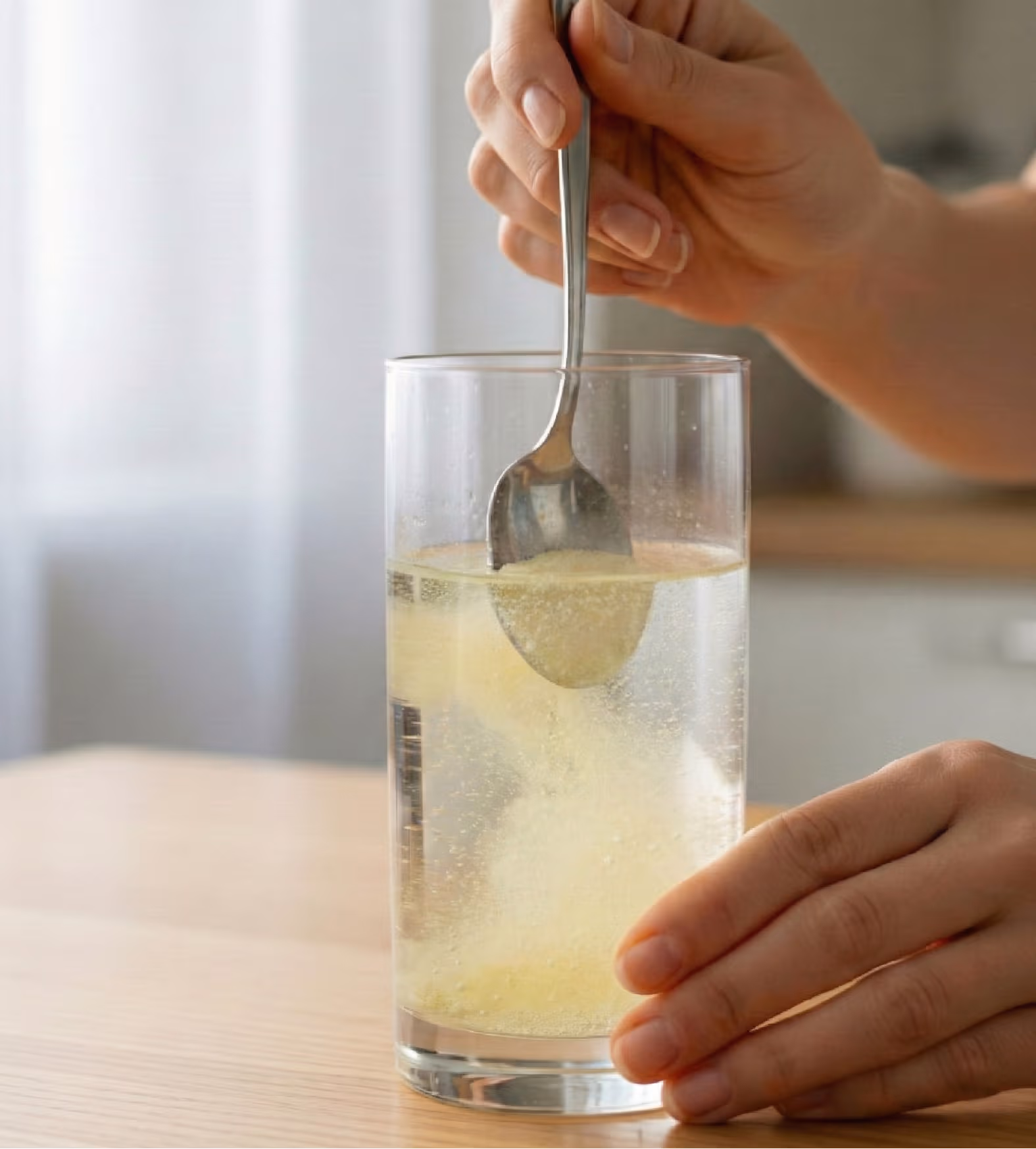 A hand pours yellow hydration powder from a small packet into a clear glass of water.