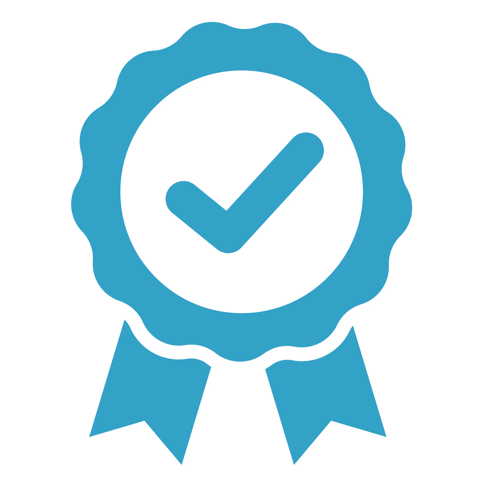 A teal-colored award ribbon icon with a white checkmark in the center.