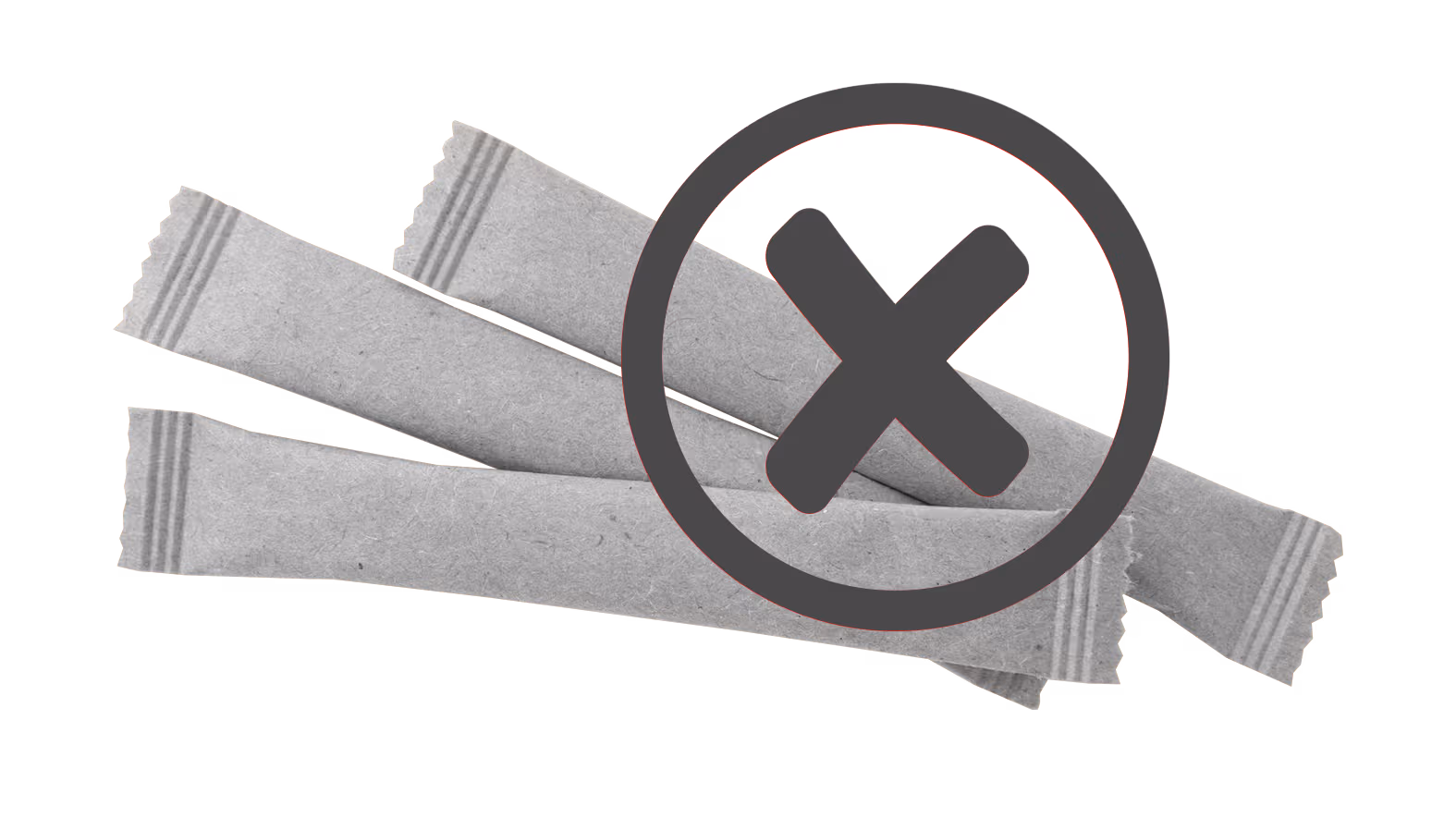 Three gray sugar packets crossed out with a large X symbol.