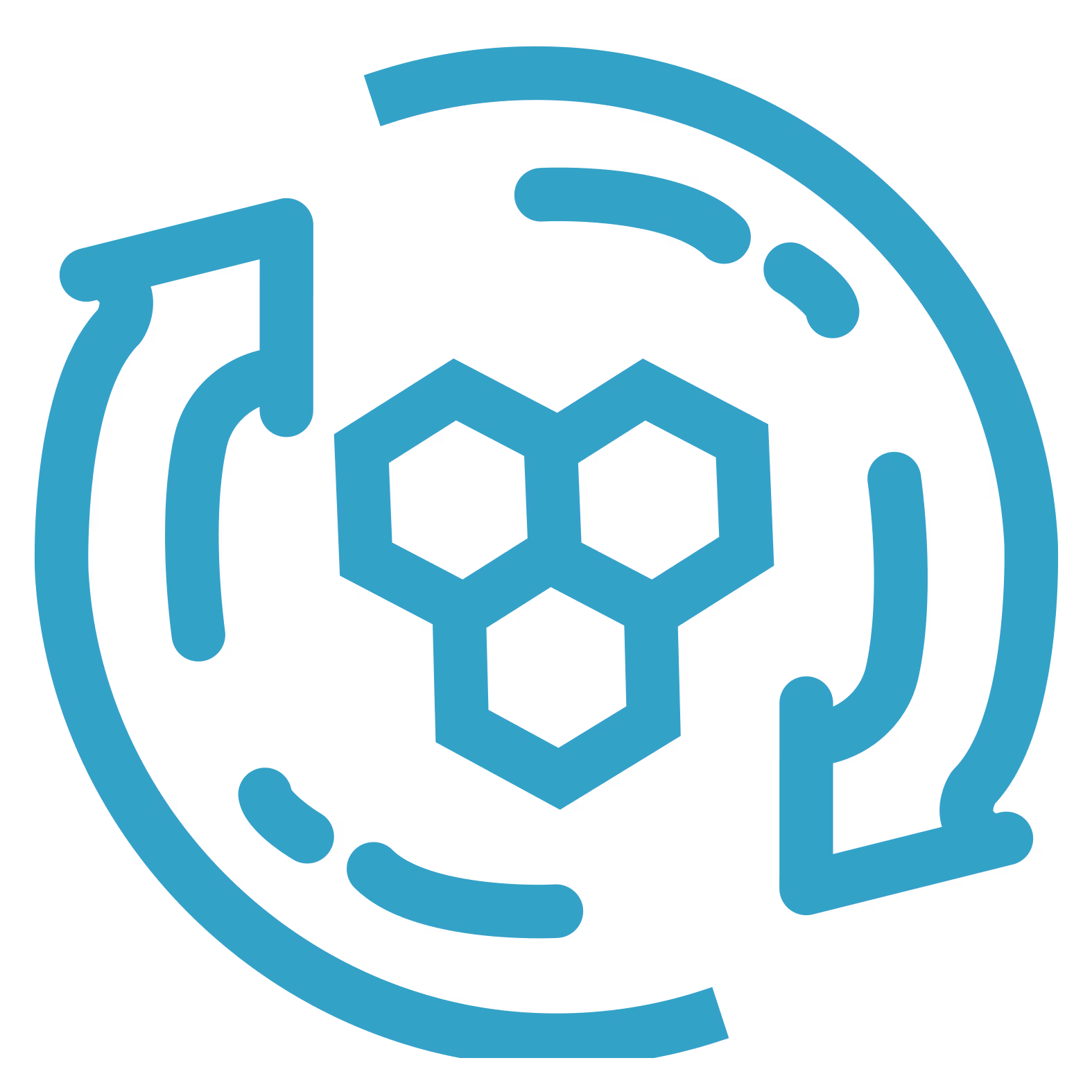 A teal icon of three hexagons in a honeycomb pattern, surrounded by a circle of rotating arrows.