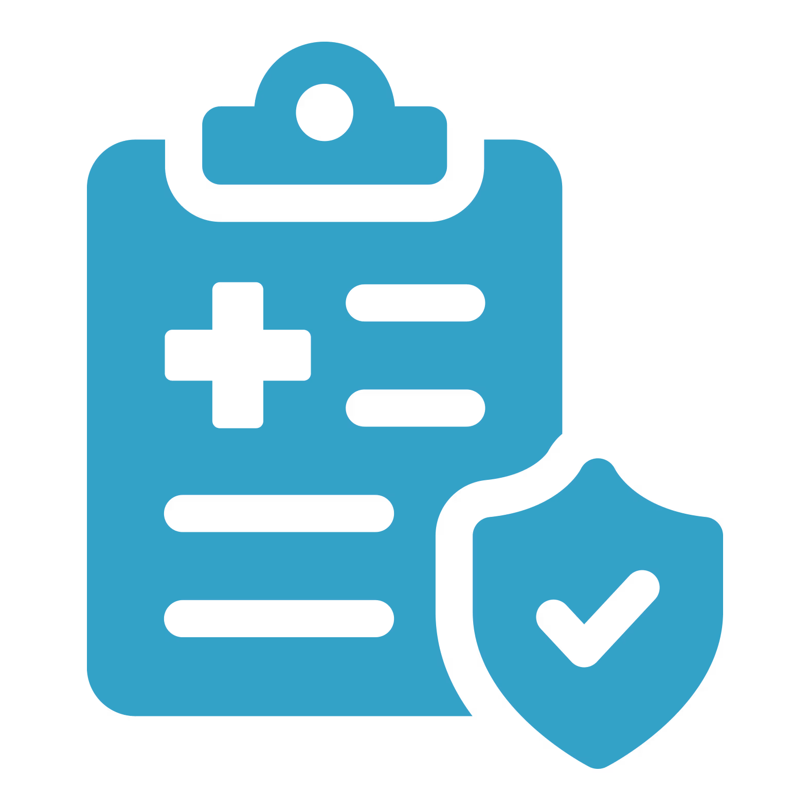 A teal icon of a medical clipboard next to a shield with a checkmark.