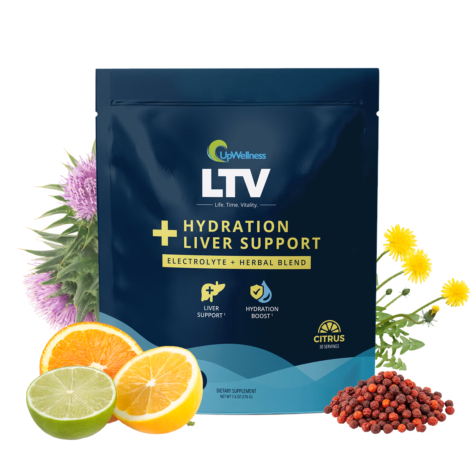 A pouch of UpWellness LTV Hydration Liver Support surrounded by citrus fruits, flowers, and berries.
