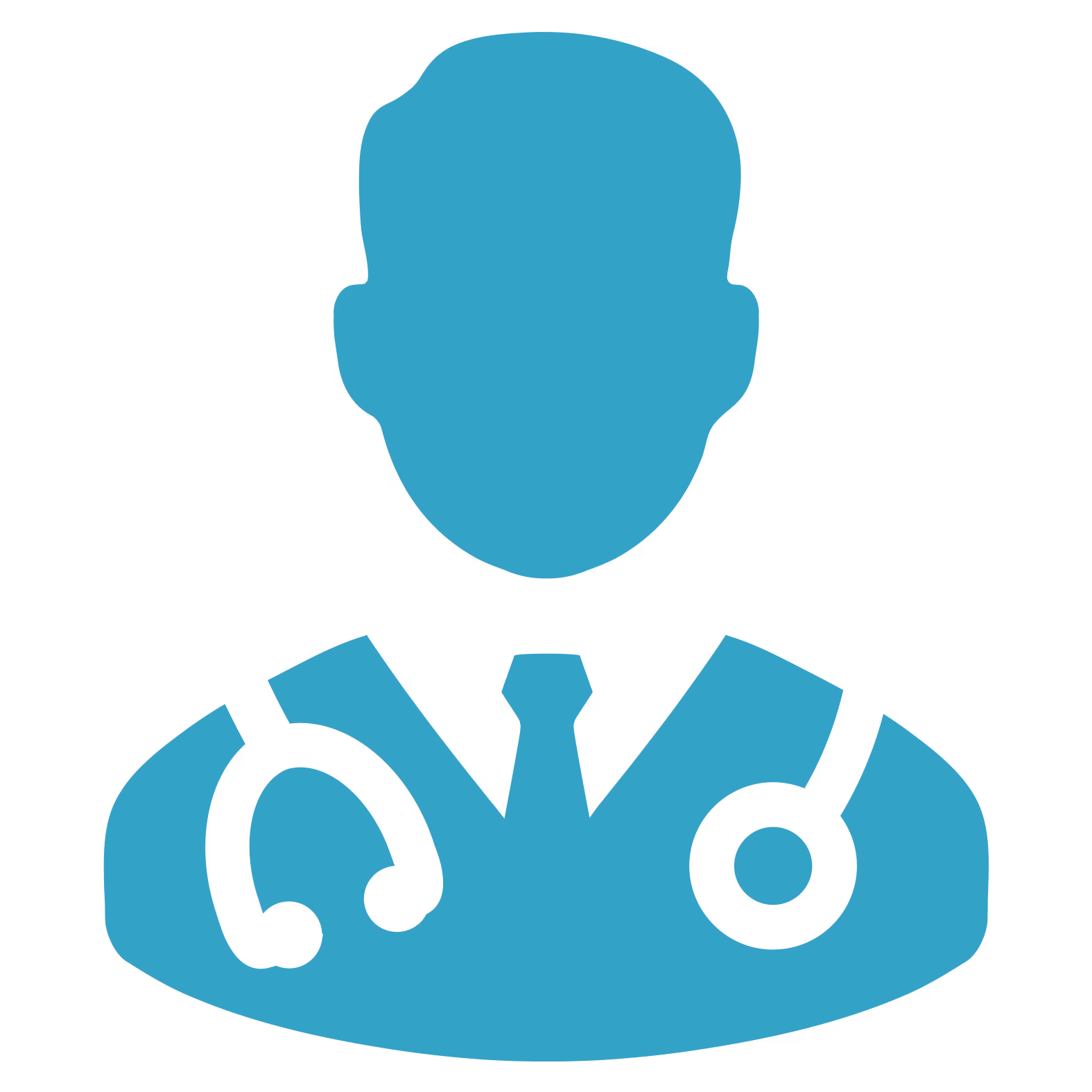 A teal silhouette icon of a doctor with a stethoscope around their neck.